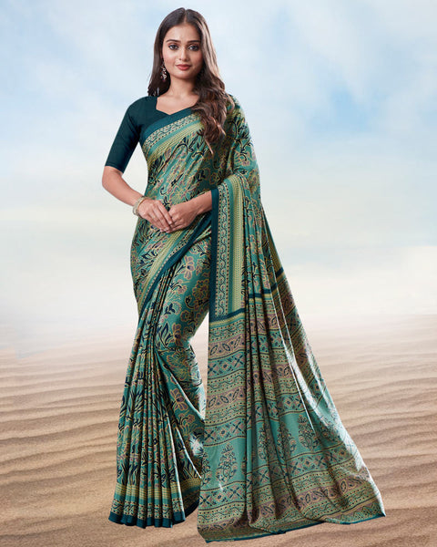 Dusty Teal Green Digital Print Premium Crepe Saree
