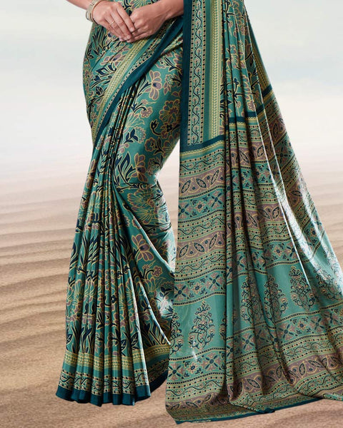 Dusty Teal Green Digital Print Premium Crepe Saree