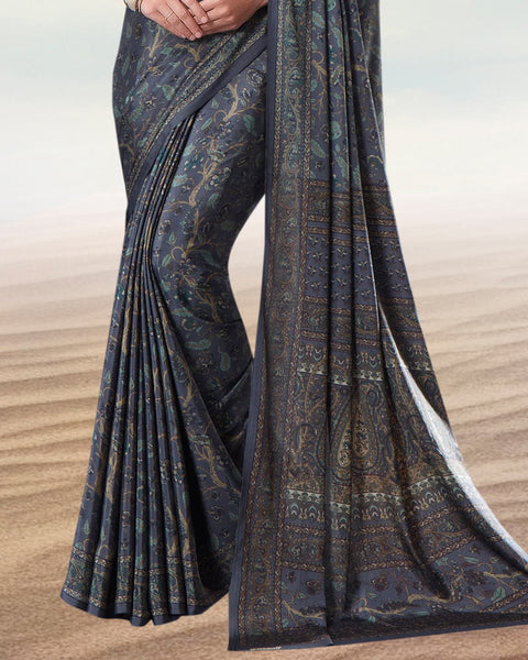 Oslo Grey Digital Print Premium Crepe Saree