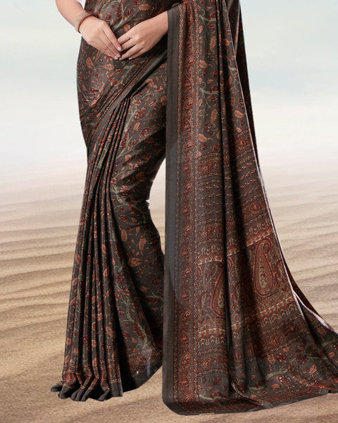 Coffee Brown Digital Print Premium Crepe Saree