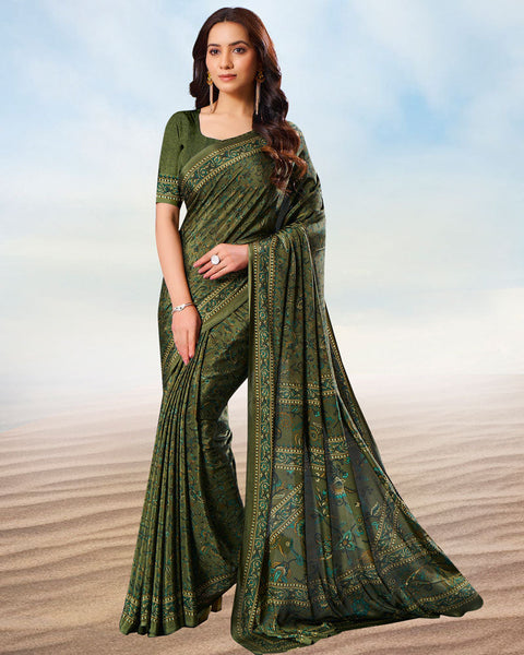 Dark Olive Green Digital Print Premium Crepe Saree