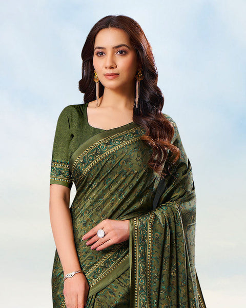 Dark Olive Green Digital Print Premium Crepe Saree