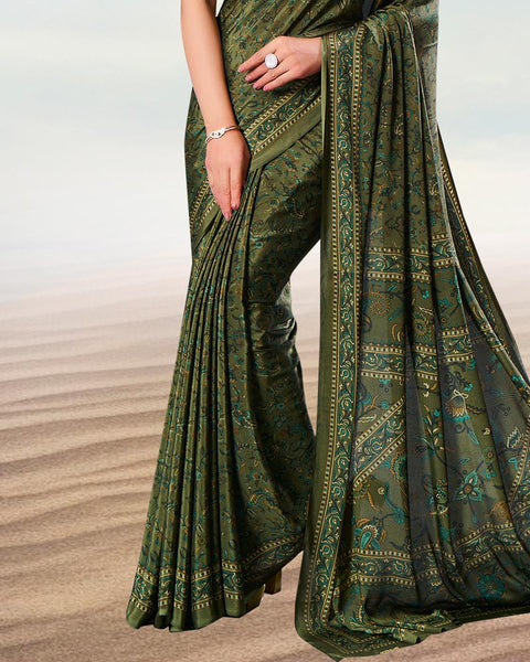 Dark Olive Green Digital Print Premium Crepe Saree
