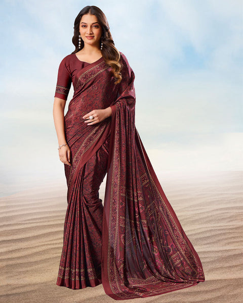 Reddish Brown Digital Print Premium Crepe Saree