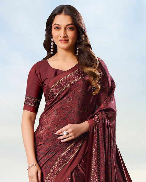 Reddish Brown Digital Print Premium Crepe Saree
