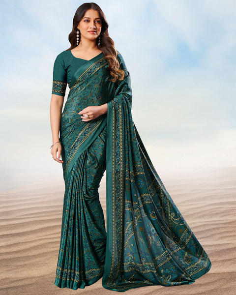 Deep Sea Green Digital Print Premium Crepe Saree