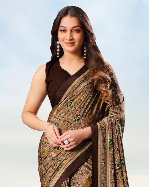Dusty Brown Digital Print Premium Crepe Saree