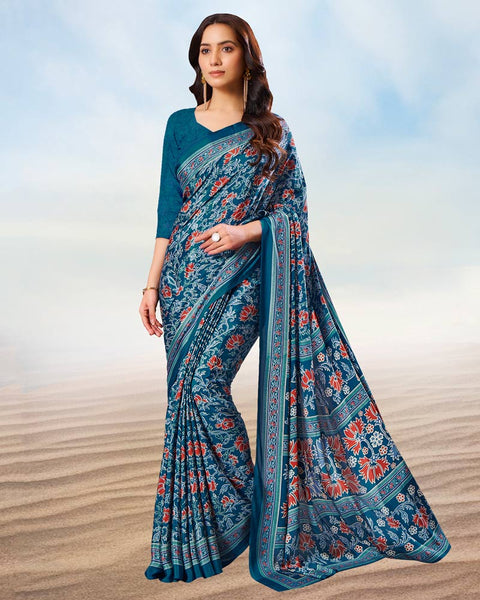 Dark Cerulean Blue Digital Print Premium Crepe Saree