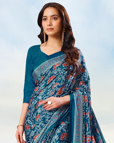 Dark Cerulean Blue Digital Print Premium Crepe Saree