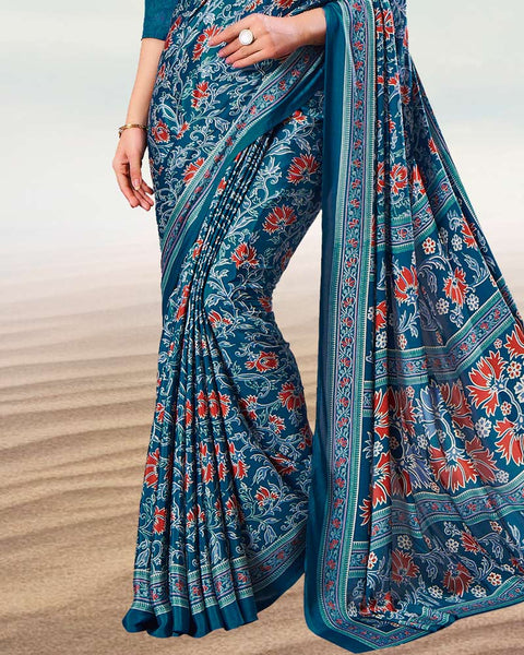 Dark Cerulean Blue Digital Print Premium Crepe Saree