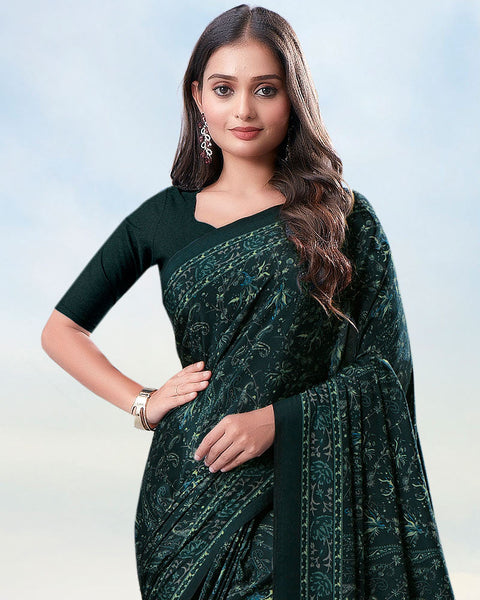 Dark Jungle Green Digital Print Premium Crepe Saree