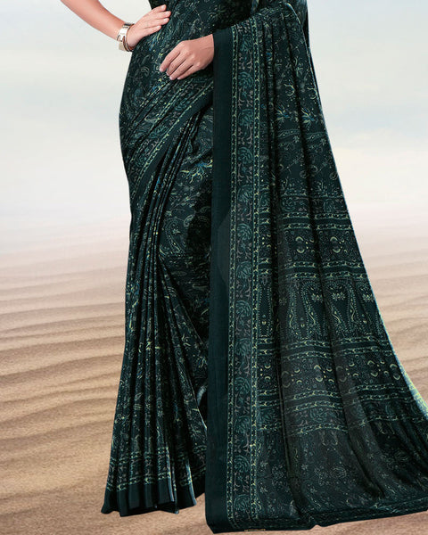 Dark Jungle Green Digital Print Premium Crepe Saree