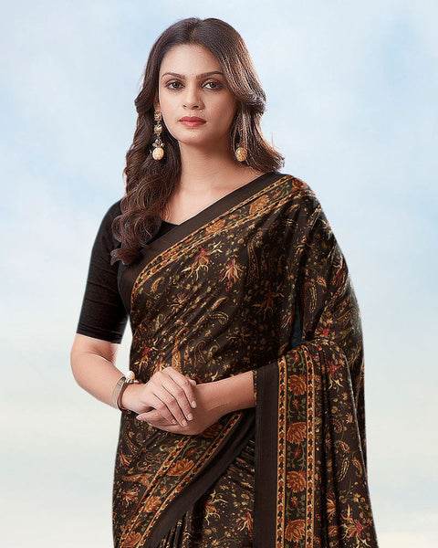 Dark Coffee Brown Digital Print Premium Crepe Saree