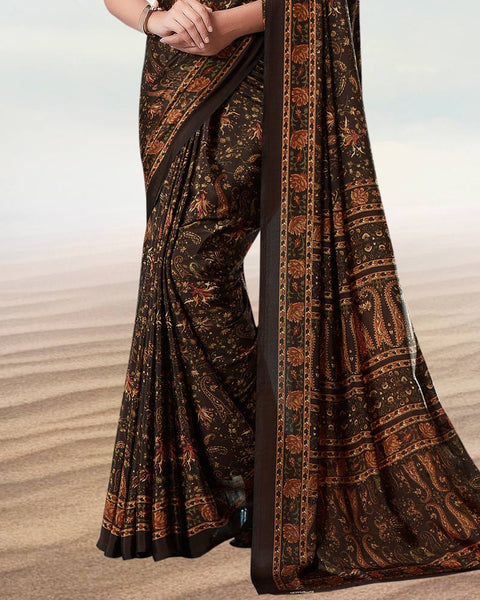 Dark Coffee Brown Digital Print Premium Crepe Saree