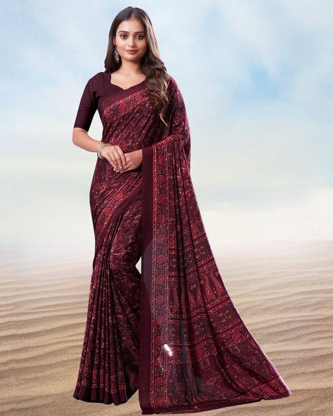 Old Brick Red And Wine Berry Digital Print Premium Crepe Saree