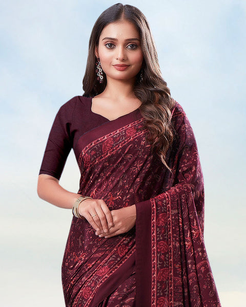 Old Brick Red And Wine Berry Digital Print Premium Crepe Saree