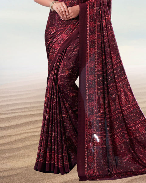 Old Brick Red And Wine Berry Digital Print Premium Crepe Saree