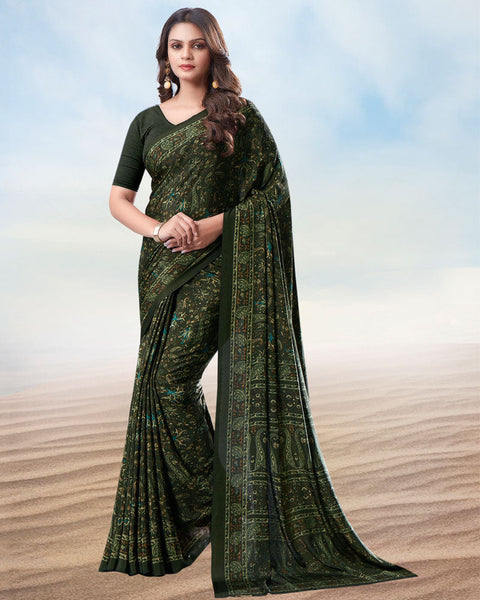 Dark Lunar Green Digital Print Premium Crepe Saree