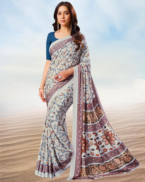 Pastel Grey Digital Print Premium Crepe Saree