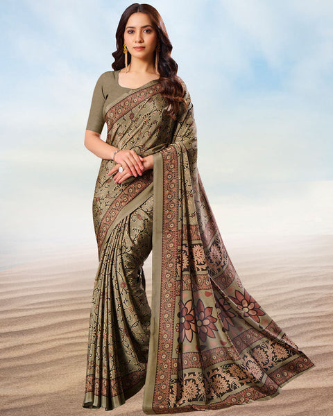 Dark Beige Digital Print Premium Crepe Saree