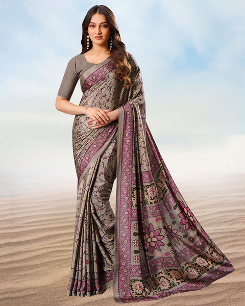 Pinkish Grey Digital Print Premium Crepe Saree