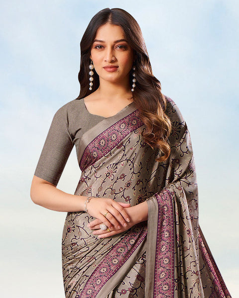 Pinkish Grey Digital Print Premium Crepe Saree