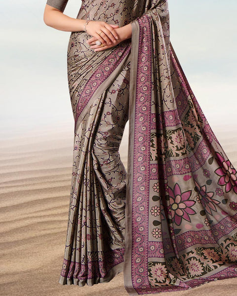 Pinkish Grey Digital Print Premium Crepe Saree
