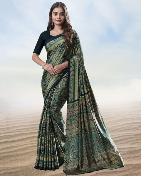 Greyish Green Digital Print Premium Crepe Saree
