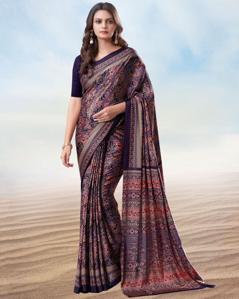 Plum Purple Digital Print Premium Crepe Saree