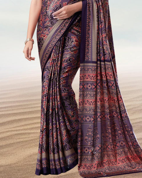 Plum Purple Digital Print Premium Crepe Saree
