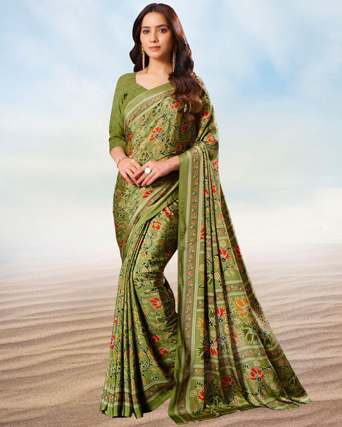 Light Olive Green Digital Print Premium Crepe Saree