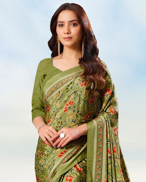 Light Olive Green Digital Print Premium Crepe Saree