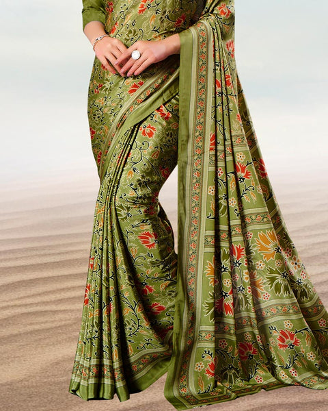Light Olive Green Digital Print Premium Crepe Saree