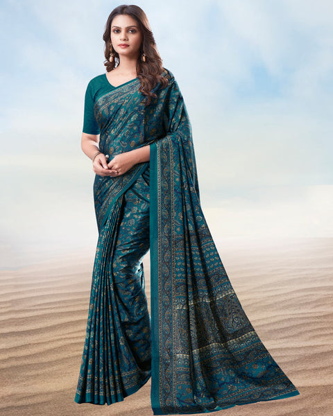 Peacock Blue Digital Print Premium Crepe Saree