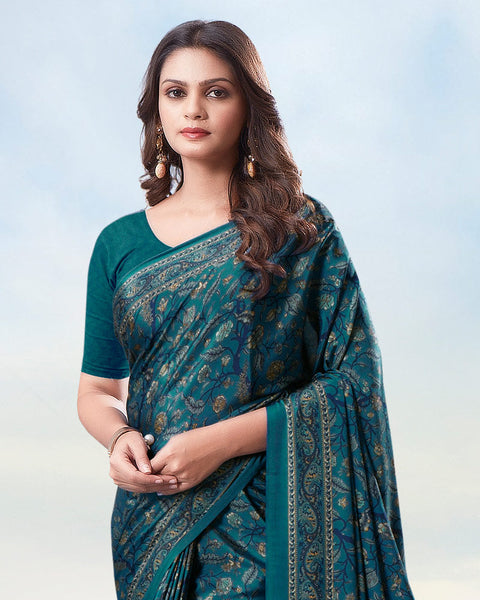 Peacock Blue Digital Print Premium Crepe Saree