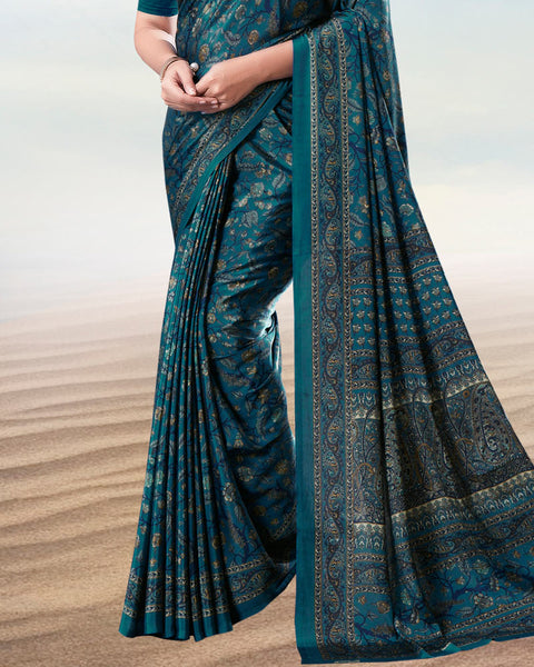 Peacock Blue Digital Print Premium Crepe Saree