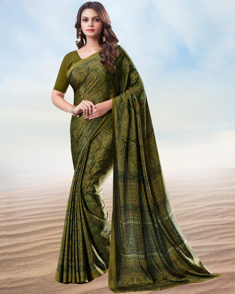 Light Khaki Green Digital Print Premium Crepe Saree