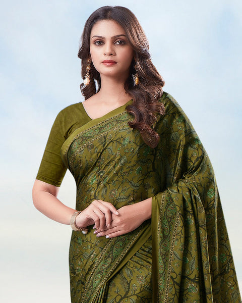 Light Khaki Green Digital Print Premium Crepe Saree