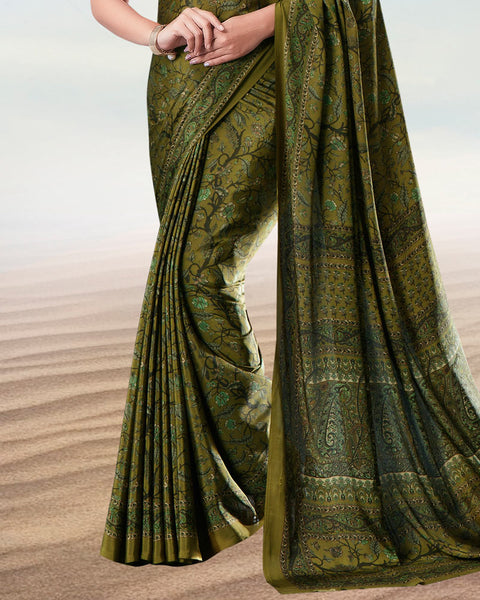 Light Khaki Green Digital Print Premium Crepe Saree