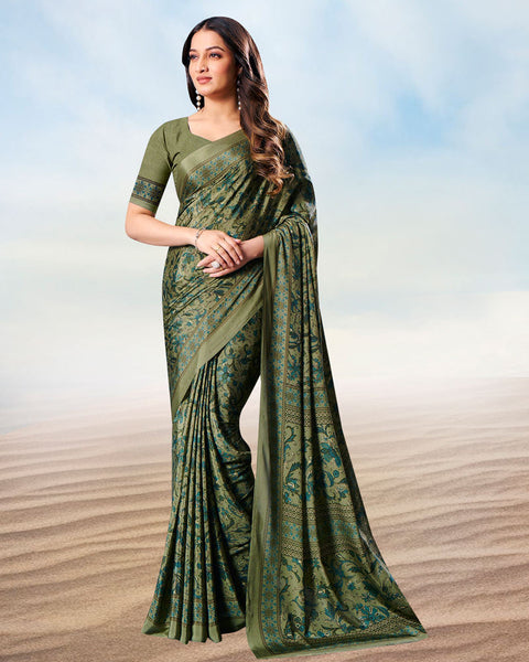 Granite Green Digital Print Premium Crepe Saree