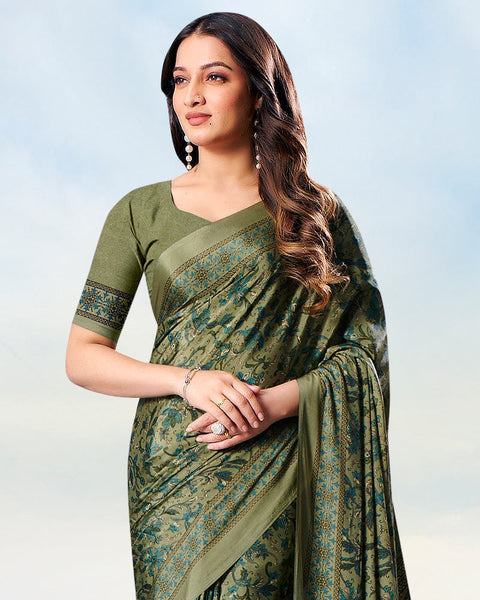 Granite Green Digital Print Premium Crepe Saree