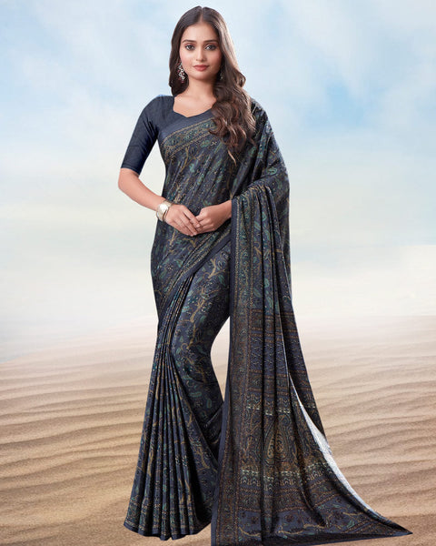 Dark Charcoal Grey Digital Print Premium Crepe Saree
