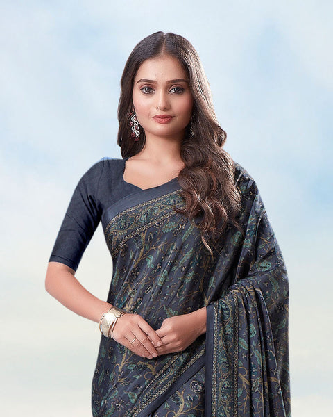 Dark Charcoal Grey Digital Print Premium Crepe Saree