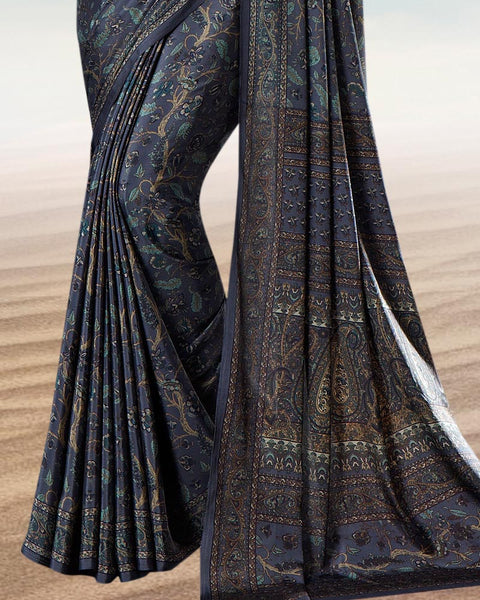 Dark Charcoal Grey Digital Print Premium Crepe Saree