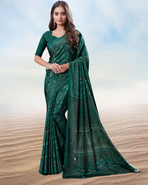 Dark Jade Green Digital Print Premium Crepe Saree
