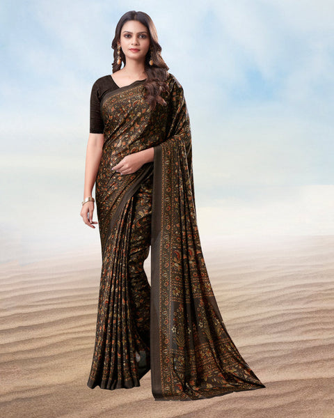 Coffee Brown Digital Print Premium Crepe Saree