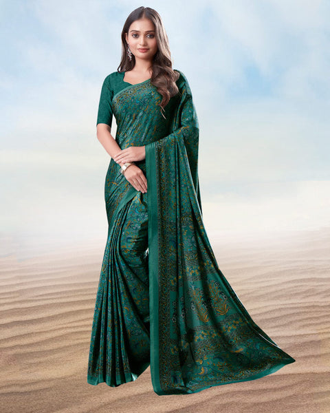 Dark Tropical Green Digital Print Premium Crepe Saree