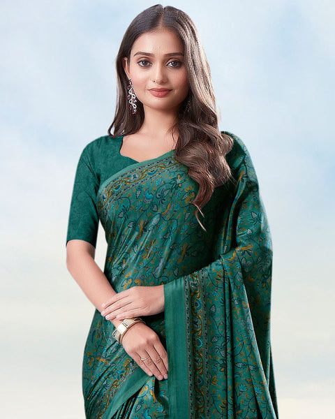 Dark Tropical Green Digital Print Premium Crepe Saree