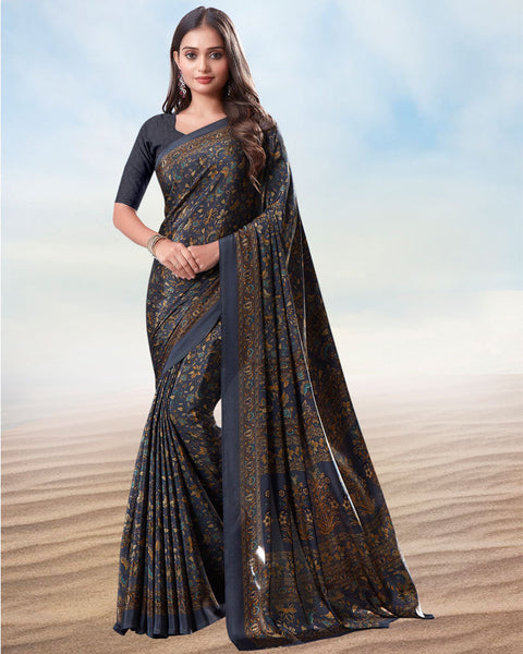 Dark Bluish Grey Digital Print Premium Crepe Saree