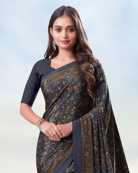 Dark Bluish Grey Digital Print Premium Crepe Saree